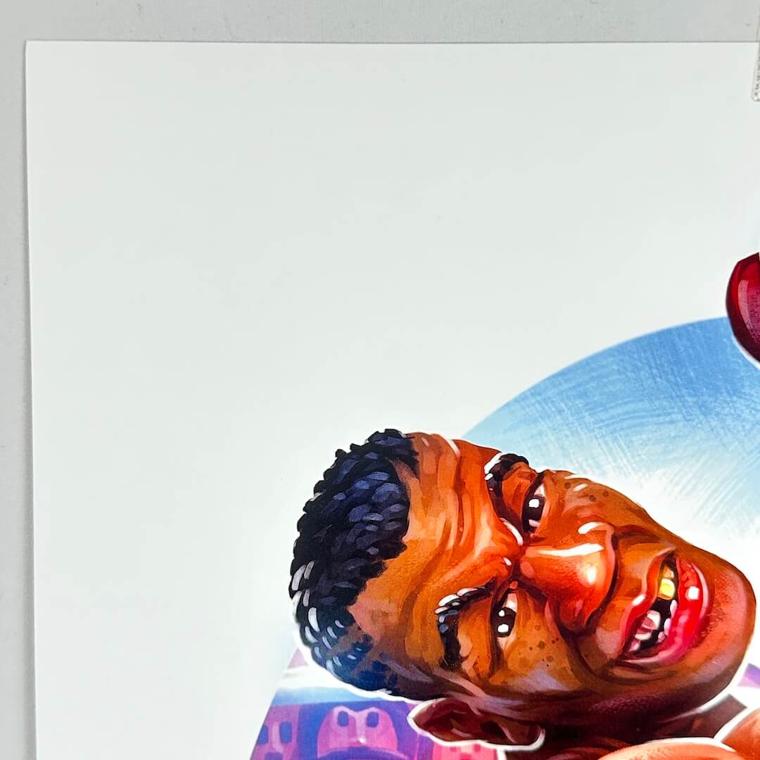 Upper right undamaged corner, close-up of Tyson's depiction visible. 