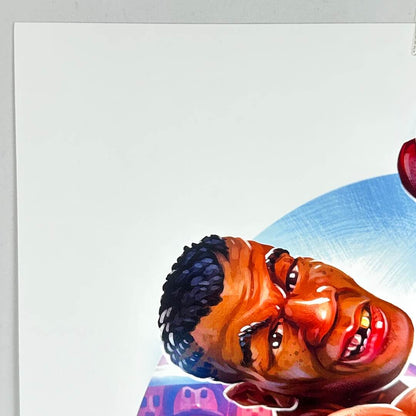 Upper right undamaged corner, close-up of Tyson's depiction visible. 