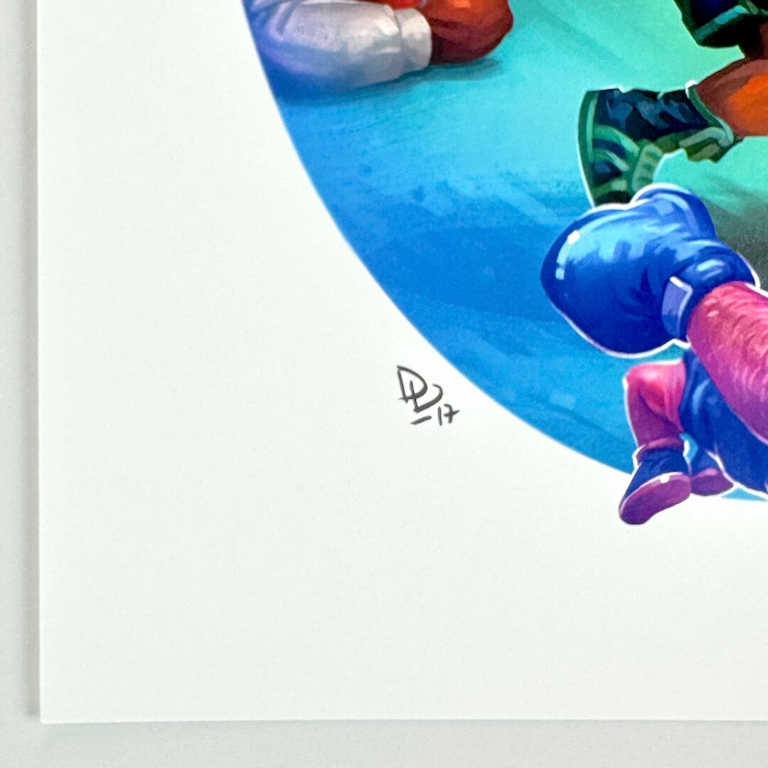 Lower left corner of print shown as undamaged, featuring artist signature. 