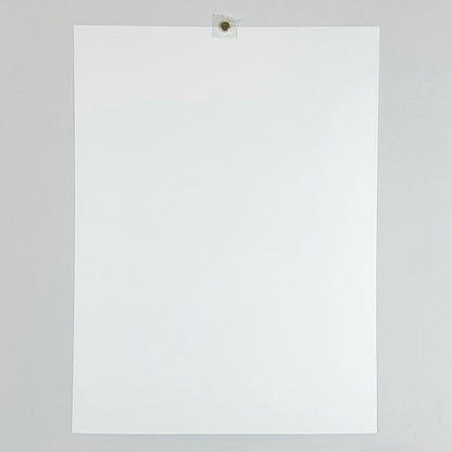 Reverse side of print. A plain white sheet hanging by magnet on plain white background. 