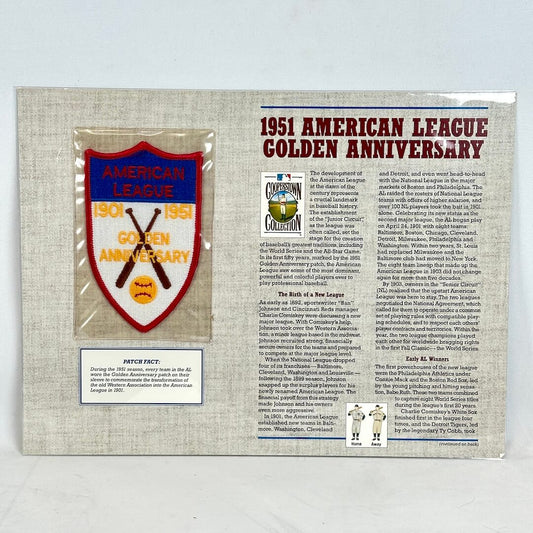 American League 1951 Golden Anniversary patch and text on a light gray background