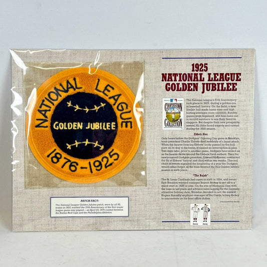 Document with 1925 National League Golden Jubilee patch and historical facts on white background. 