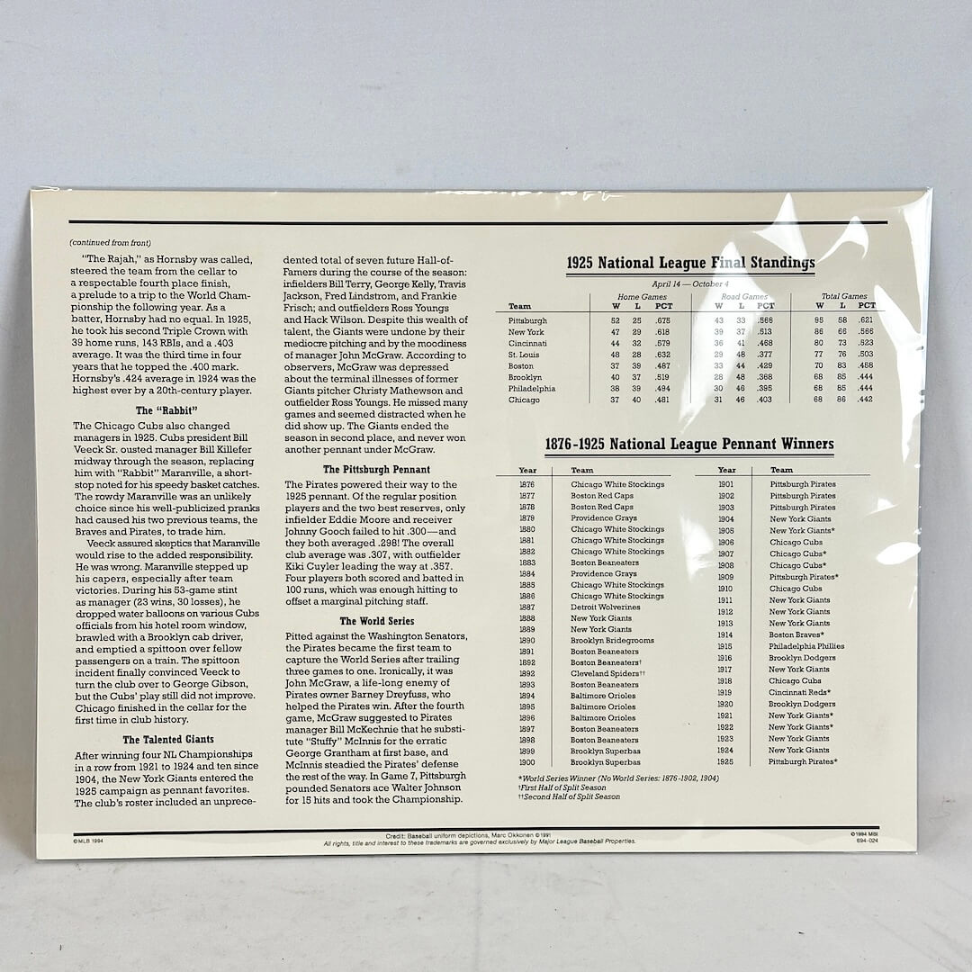 Baseball memorabilia sheet with text and statistics on a gray background