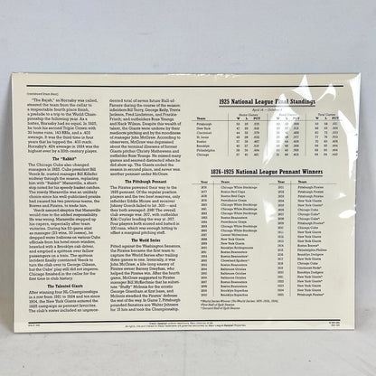 Baseball memorabilia sheet with text and statistics on a gray background