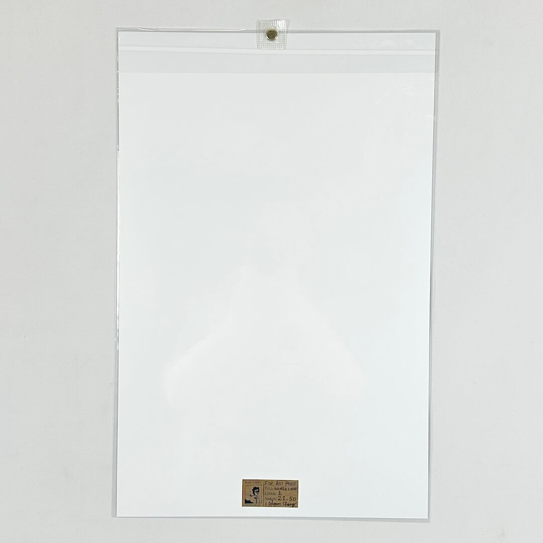 A clear plastic document sleeve with a white sheet inside, photographed against a plain light gray background.