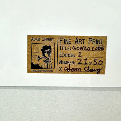 Close-up of artist sticker on reverse side with print information filled in by hand. 