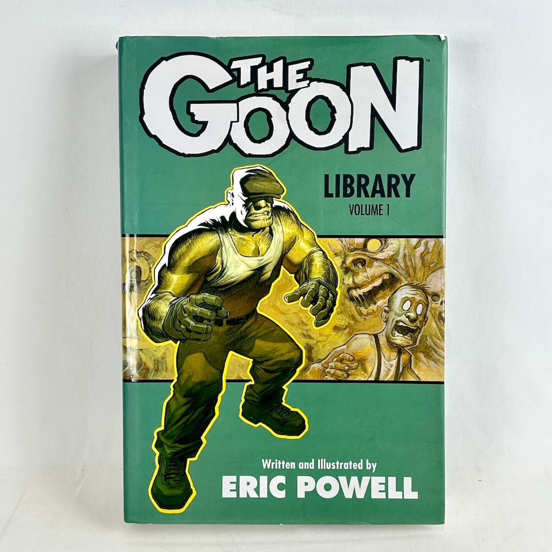 The Goon Library Volume 1 hardcover book by Eric Powell, featuring a green cover with comic-style illustration.