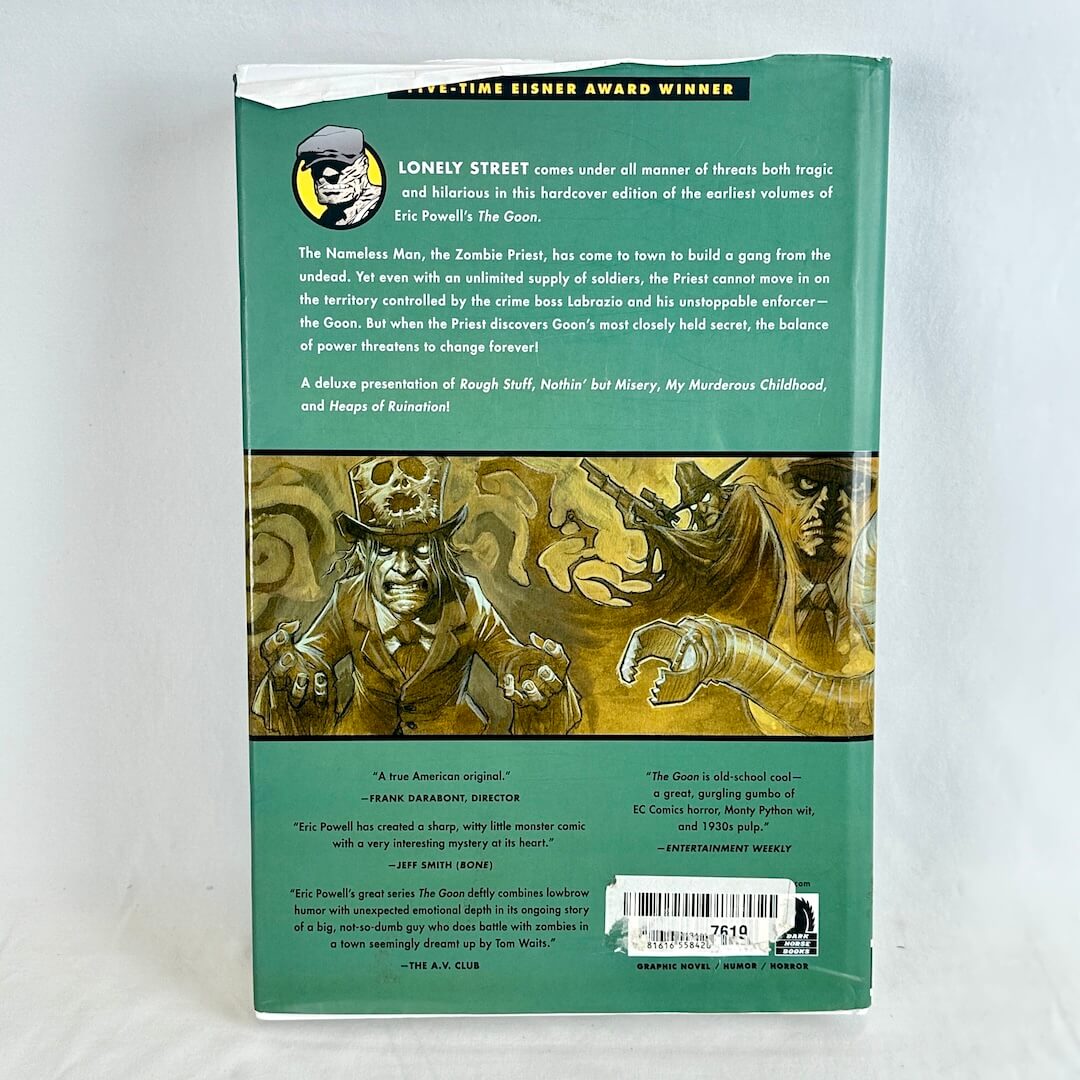 Back cover of the book by Eric Powell, featuring a dark green background with a central gold-toned illustration.