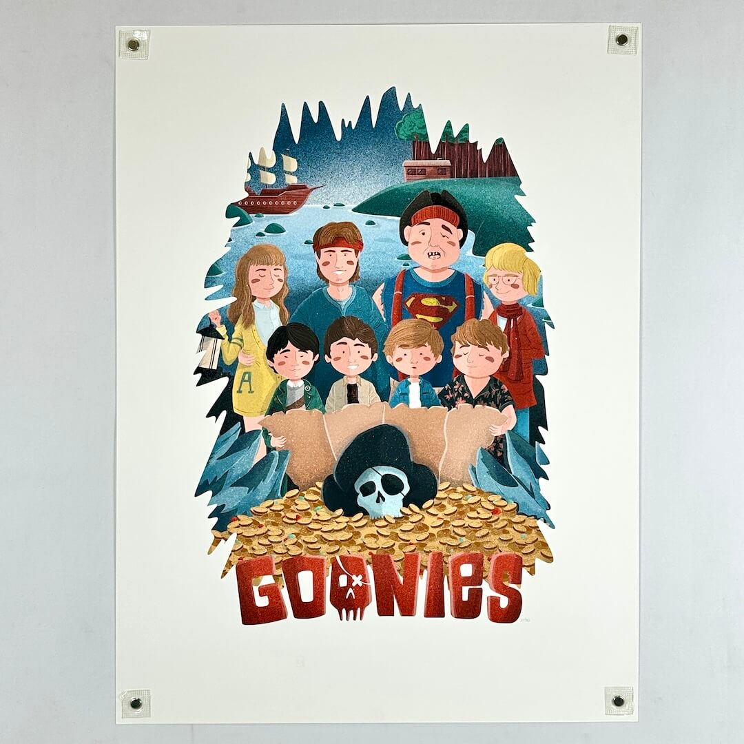 A vertical art print poster featuring a colorful cartoon illustration of the characters from the movie Goonies.