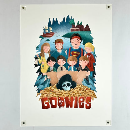 A vertical art print poster featuring a colorful cartoon illustration of the characters from the movie Goonies.