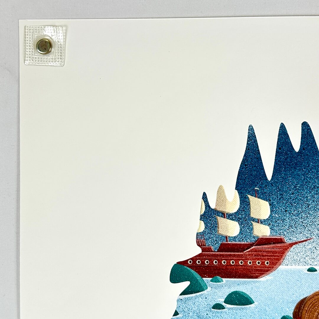 Upper left corner of print showing undamaged corner and edges. 