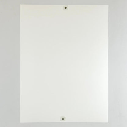 Reverse side of print. A plain white sheet held up by two small magnets on a plain white background. 