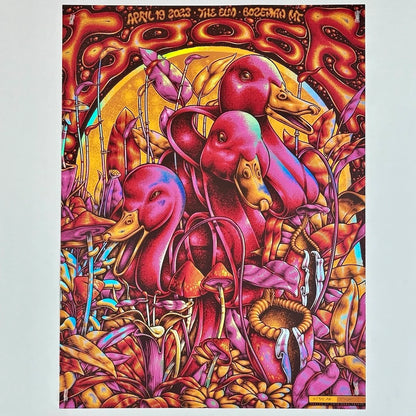 Poster features three geese nesting a bed of wildflowers & mushrooms in hot pink, various oranges with rainbow foil accents.
