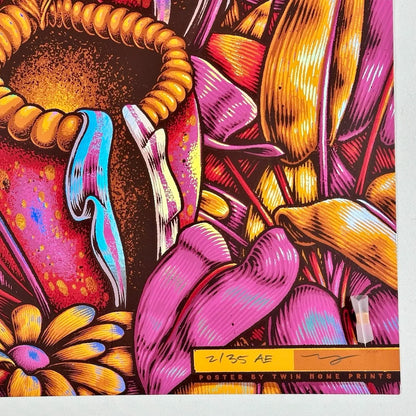 Closeup of corner with artist signature, artist edition initials, and poster number.