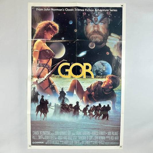 Vintage movie poster for 'Gor' featuring a warrior, woman, and people on horseback with space-themed background.