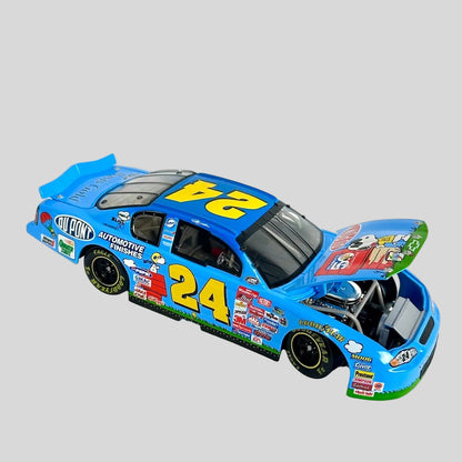 A blue die-cast model race car with the number 24, featuring various sponsor decals and an open hood.