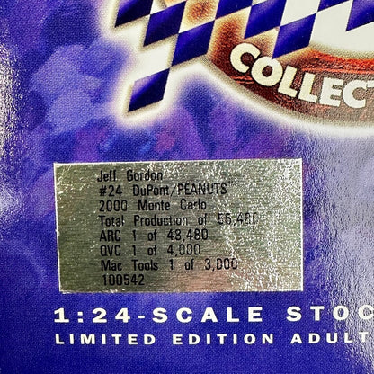 Close-up of a collectible 1:24 scale model car packaging or box, featuring a silver foil label with text starting with 'Jeff Gordon'.