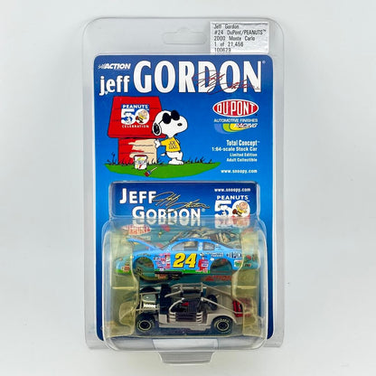 Jeff Gordon 1:64 scale diecast race car in its original blister packaging, featuring blue 'Peanuts 50th Anniversary' graphics.