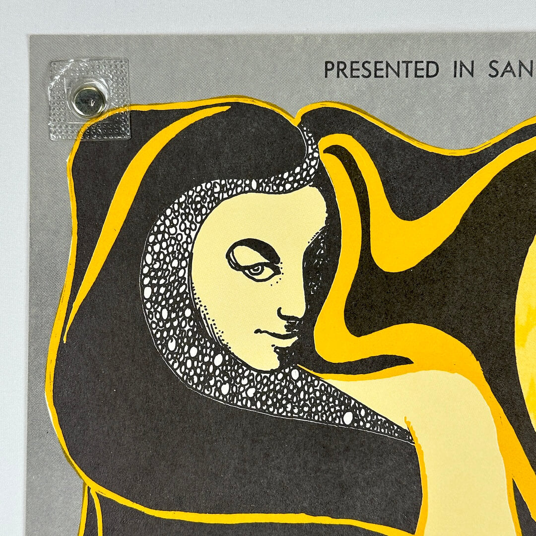 Illustration of a woman's face with a black and yellow design on a gray background