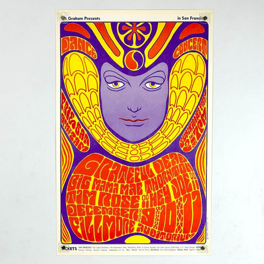 Concert poster with colorful face and stylized text against white background. 