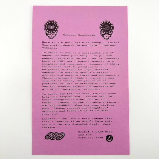 Purple handbill with text and Grateful Dead logo on a white background