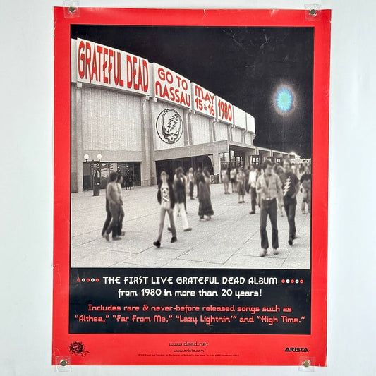 Promotional poster for Grateful Dead concert at Nassau Stadium, featuring a crowd and event details.