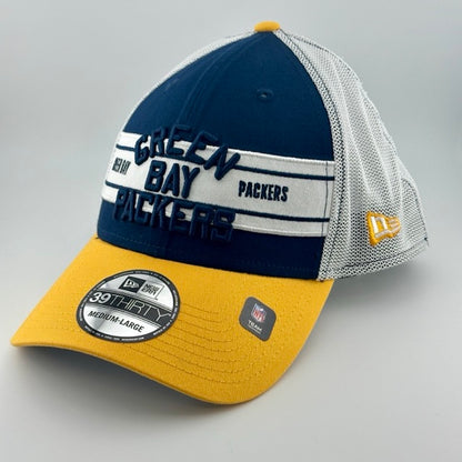 Cap with white plastic mesh back, navy face & yellow brim. Green Bay Packers embroidered in navy front-center over white band