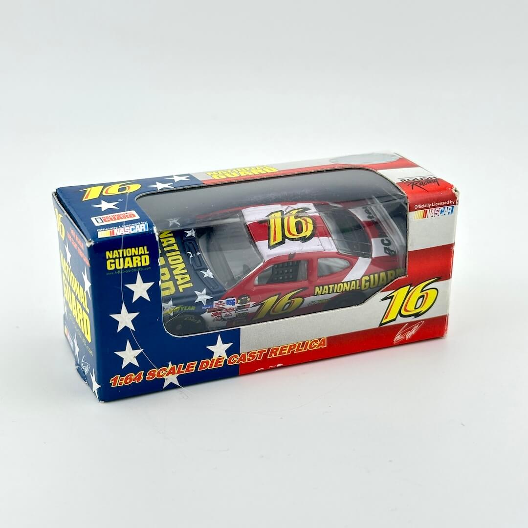 Model car in a box with 'National Guard' branding on a white background