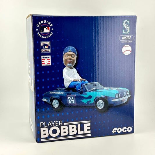 Blue box with image of Ken Griffey Jr. bobblehead sitting on blue convertible car with number 24 on side. 