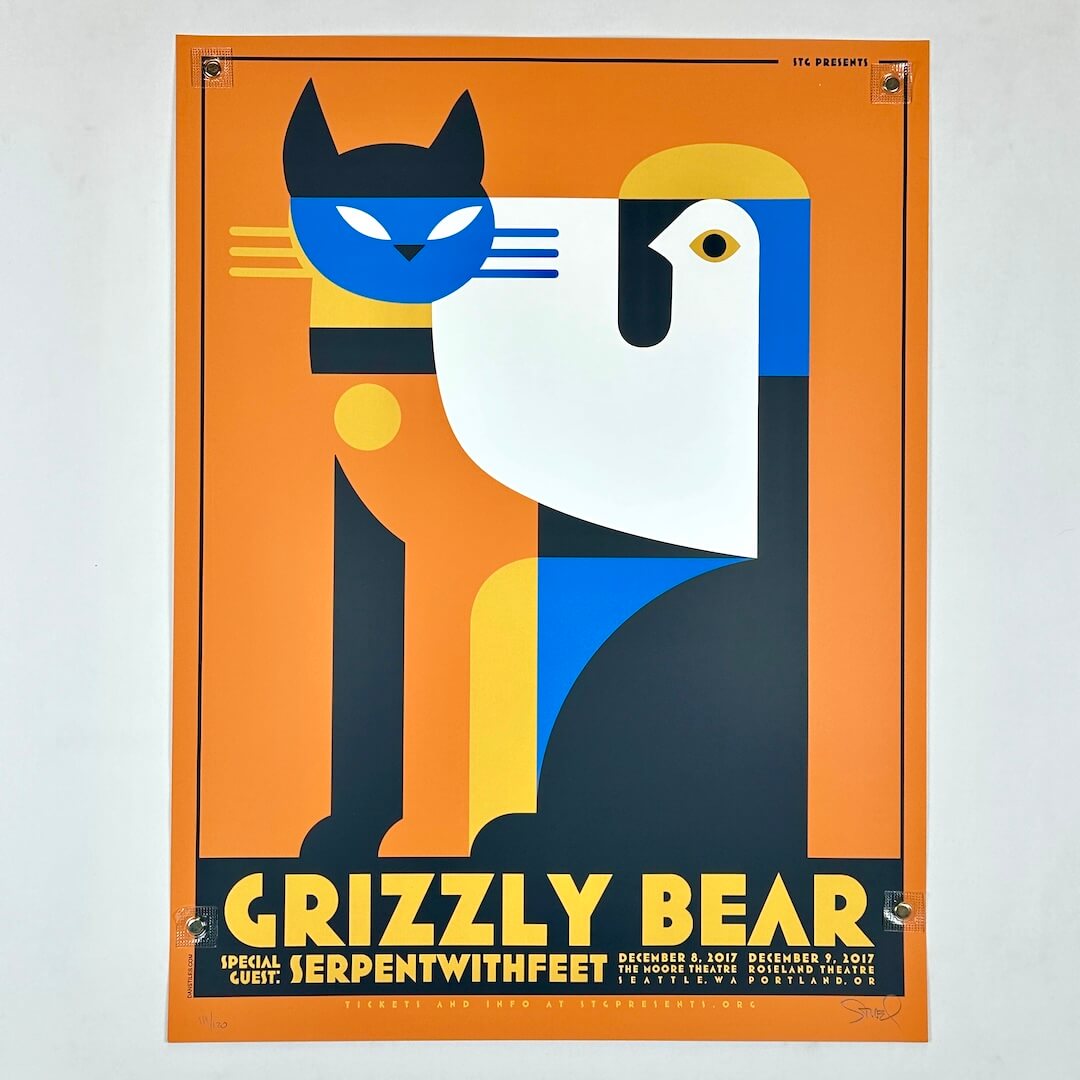 Poster for Grizzly Bear concert featuring abstract animal design on an orange background