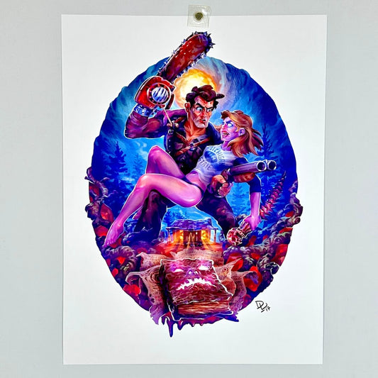 A vertical art print featuring a colorful illustration of a man and a woman in a dynamic action pose.