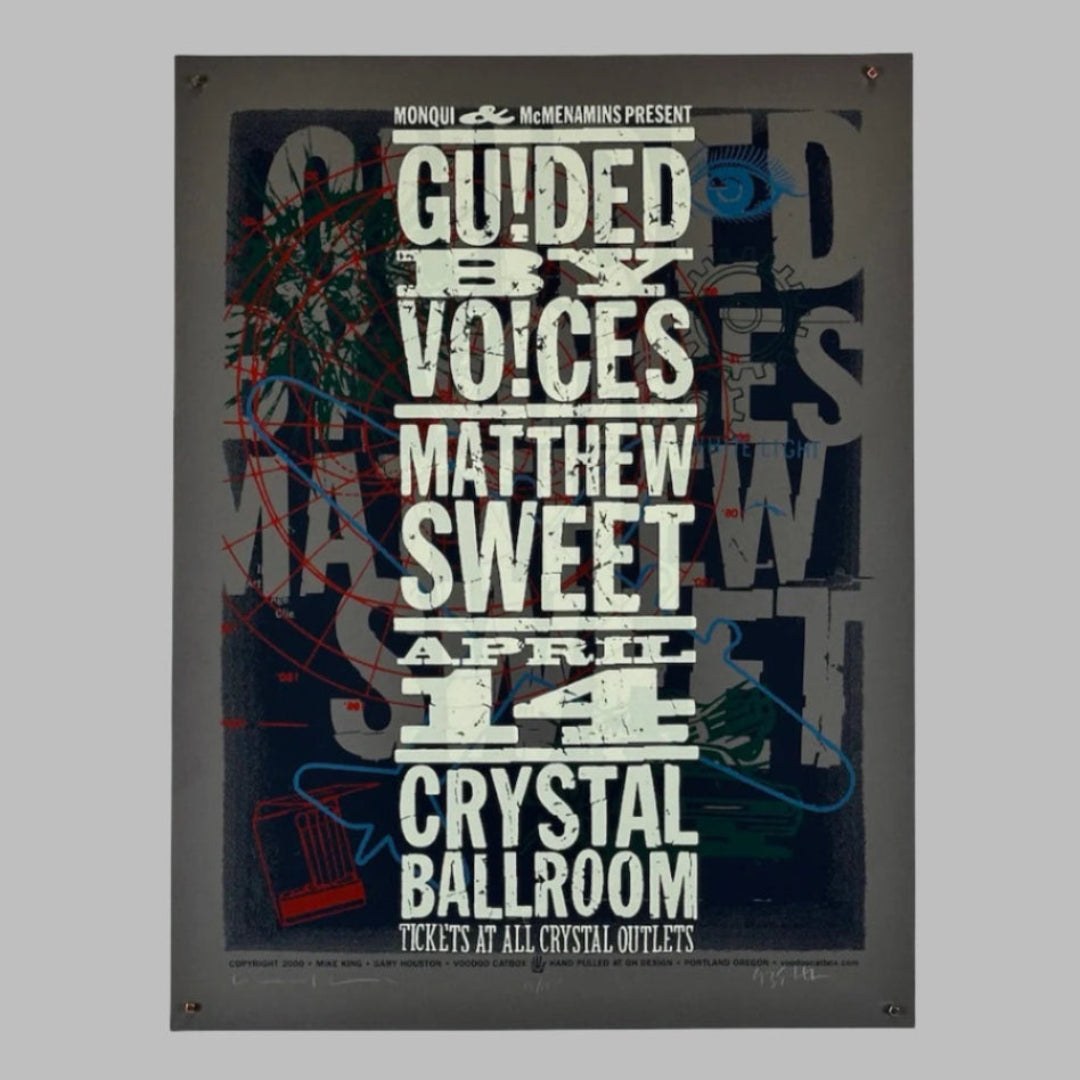 Grey poster with white text down center and ghost text behind with various line drawings.