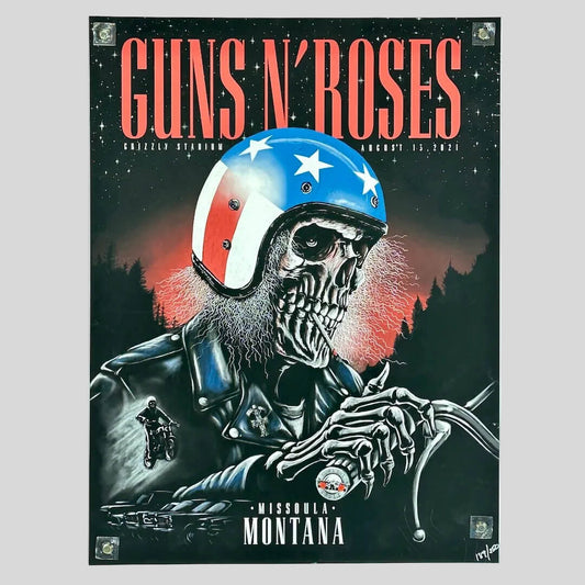 Promotional poster for Guns N' Roses concert featuring a skeleton with an American flag helmet.