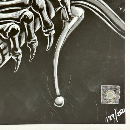 Bottom right corner of poster with poster number and scratches to surface. 