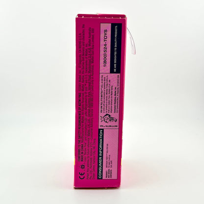 Pink toy box with text on a white background