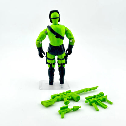Toy figure in green and black with accessories on a white background