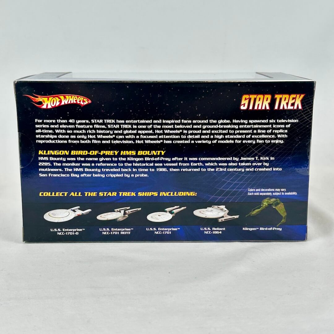 Hot Wheels Star Trek toy vehicle packaging with branding and product details.