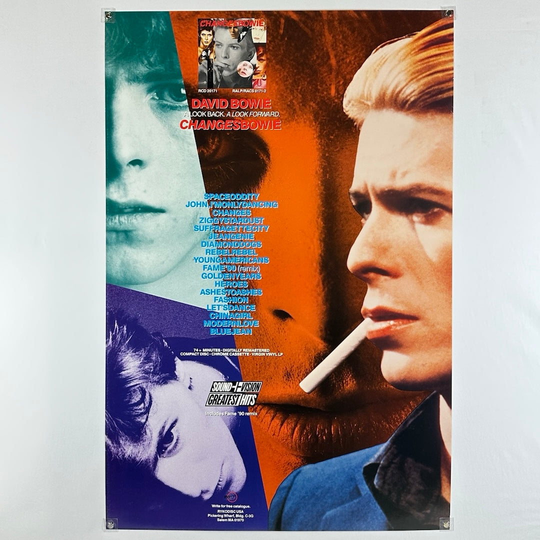 David Bowie Poster with several color images of the artist around list of songs. 