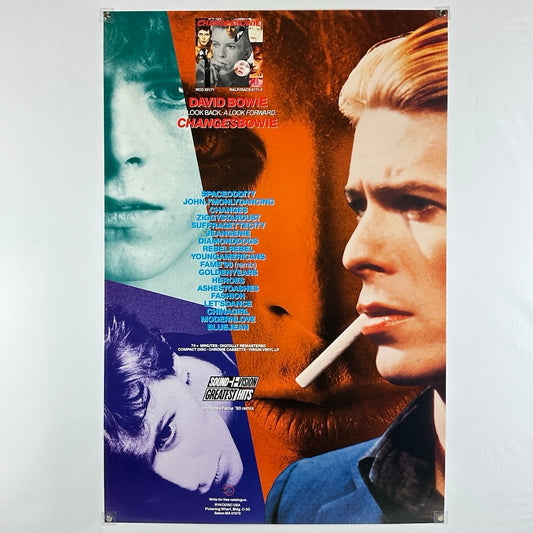 David Bowie Poster with several color images of the artist around list of songs. 