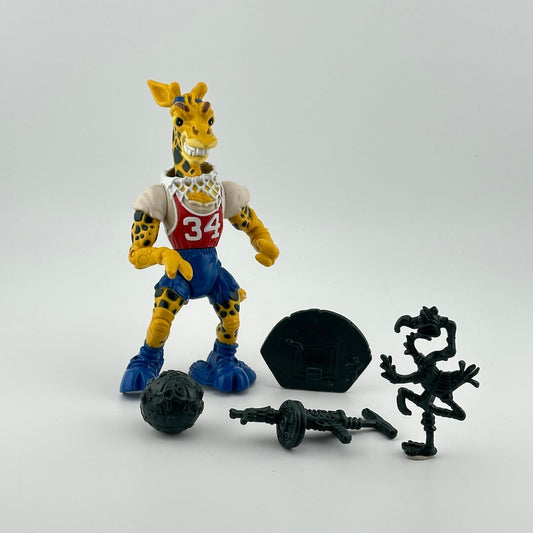 Anthropomorphized giraffe in blue shorts, red basketball jersey with basketball net necklace with dark blue accessories. 