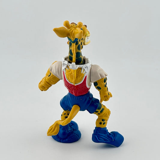 Girafe action figure dressed as basketball player with net rim around neck as necklace. Back view.
