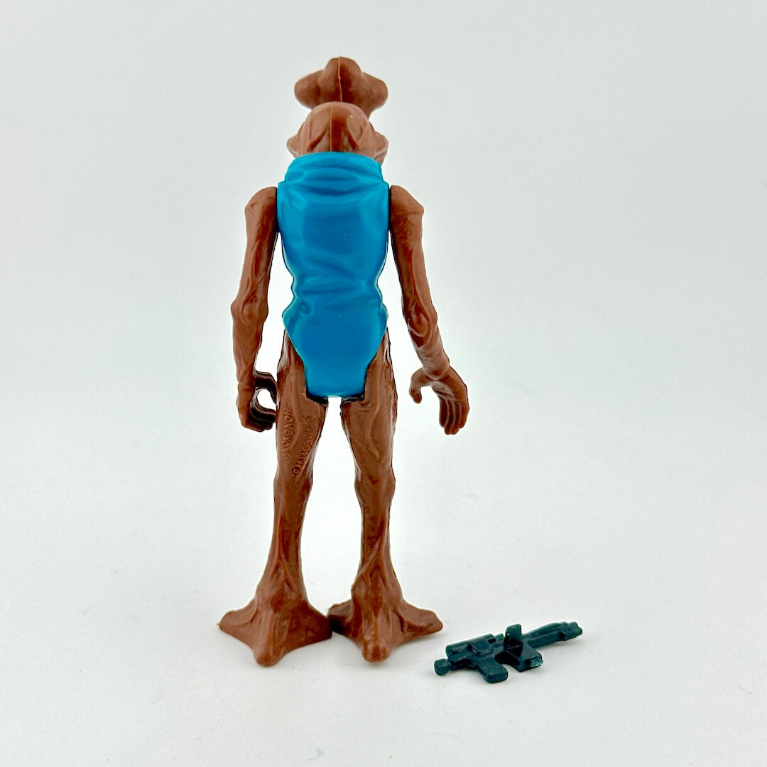 Toy figure with blue top and brown body on a white background