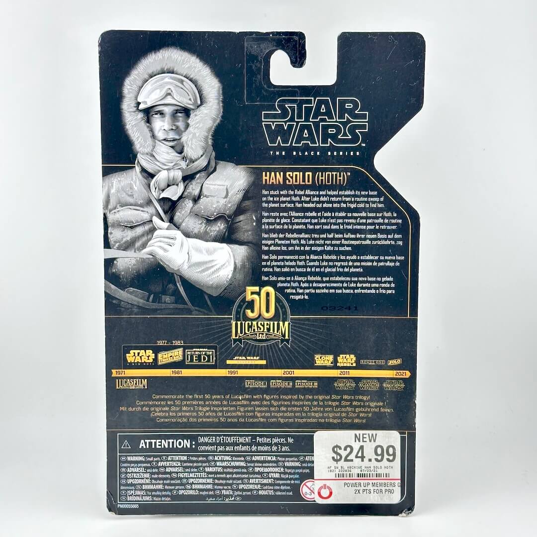 Star Wars The Black Series Han Solo (Hoth) 50th Anniversary action figure in its original back-facing packaging.