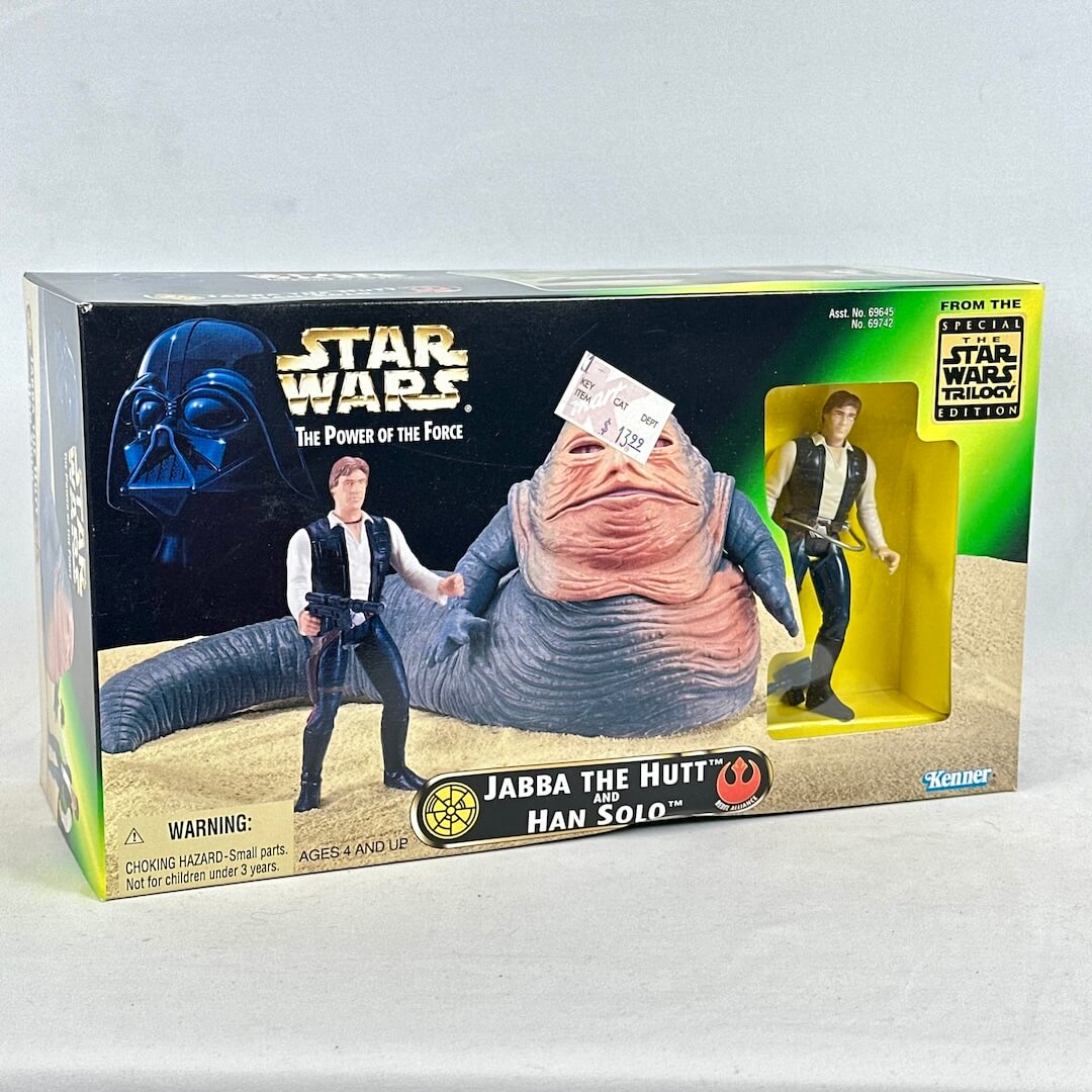 Star Wars toy box featuring Jabba the Hutt and Han Solo with a white background