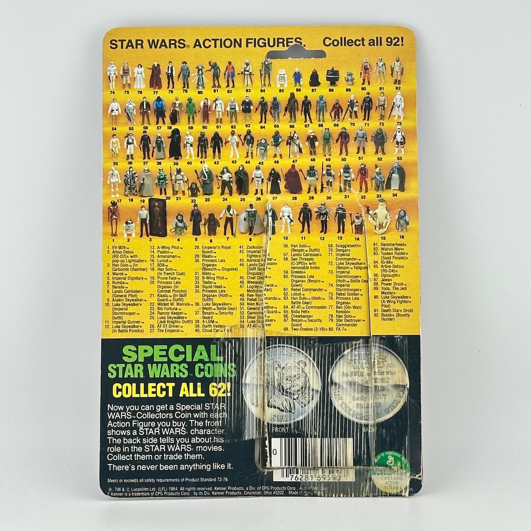 Star Wars action figure packaging with character illustrations and coin information on a yellow background