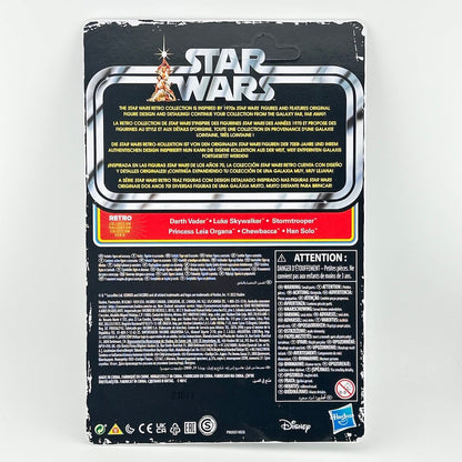 Back of a Star Wars action figure package, featuring character details, & warning labels.