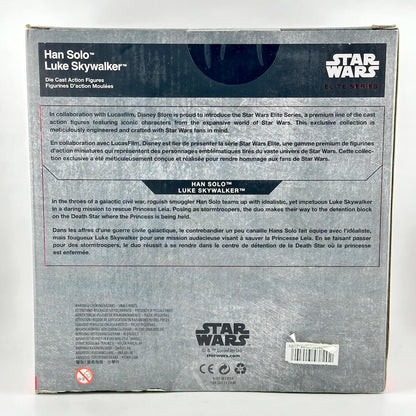 The back of a Star Wars Elite Series Han Solo Luke Skywalker collectible action figure box, showing product details.