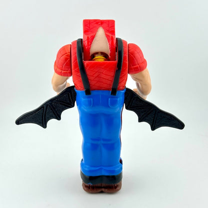 Toy figure with red top, blue body, and black bat-like wings on a white background
