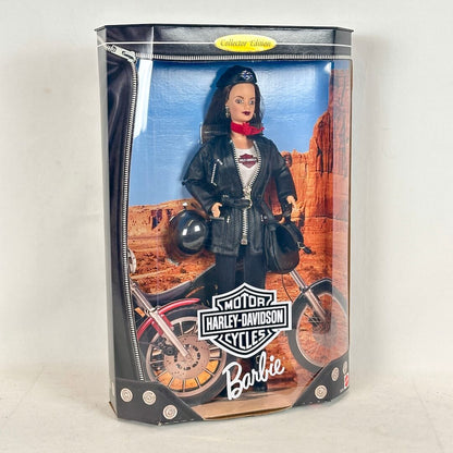 Harley-Davidson Barbie doll in packaging with a desert landscape background