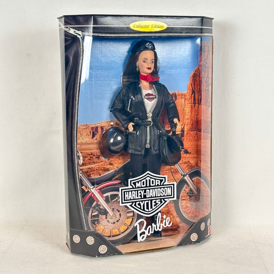 Harley-Davidson Barbie doll in packaging with a desert landscape background